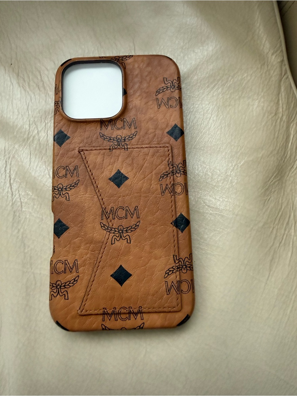 MCM Cognac Logo Pattern Leather Phone Case with Black Accents